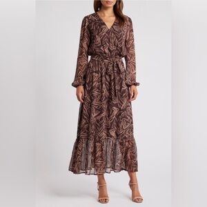 Chelsea28 Long Sleeve Faux Wrap Maxi Dress Brown Abstract Print Nordstrom